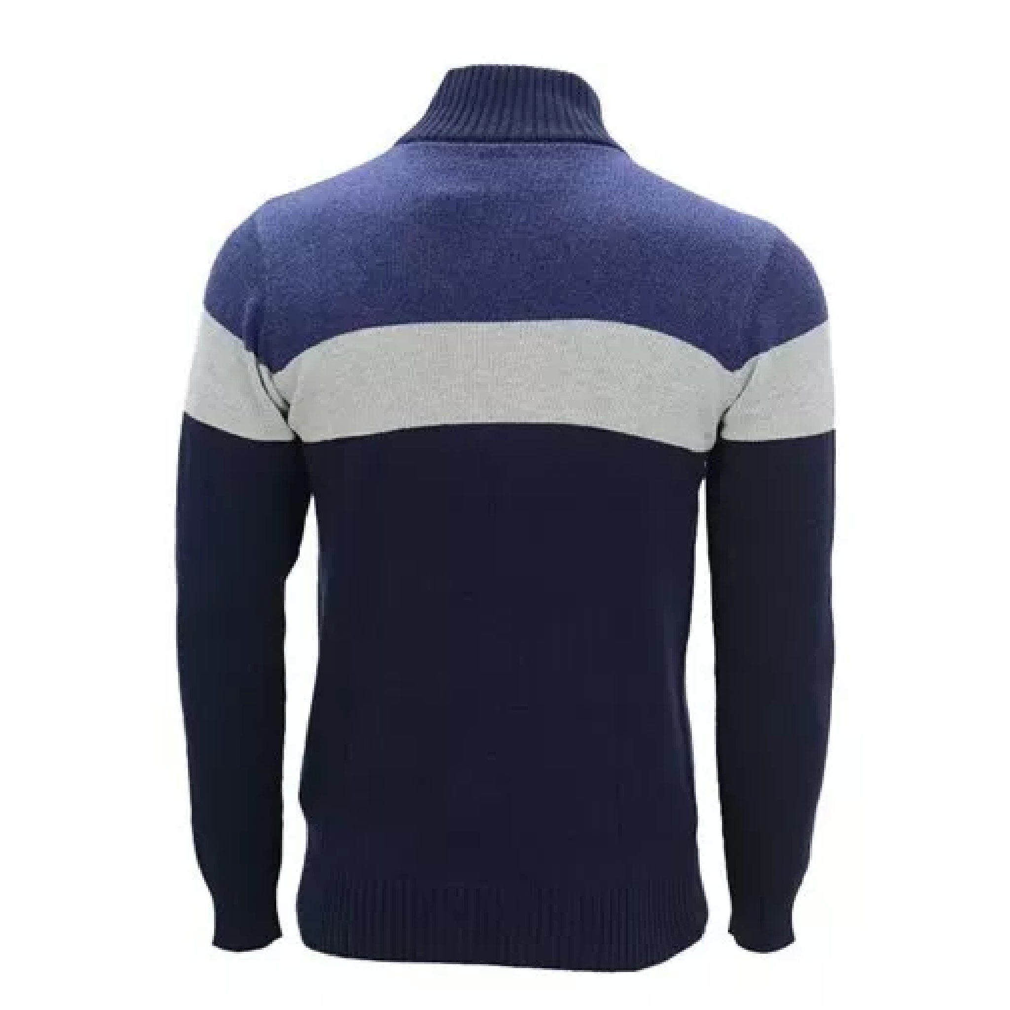 Men's blue and grey colour block 1/4 zip cotton jumper with high collar